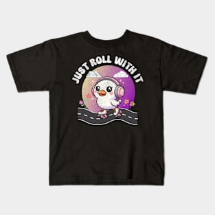 Just Roll With It Funny Rollerskating Goose Cute Kawaii Kids T-Shirt